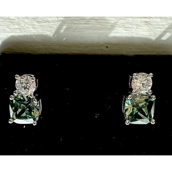 Unbranded Jewelry - Cushion Cut 2.3ct Green Sapphire & Diamond .925 Silver Stud Earrings Lab Created